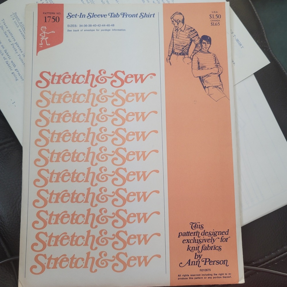 Stretch & Sew 1750 Mens Tab Front Shirt T-Shirt Pattern Uncut Size 34-48 Vintage